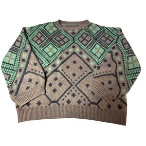 Romwe Brown Green Geometric‎ Pattern Crewneck Knit Sweater Size L